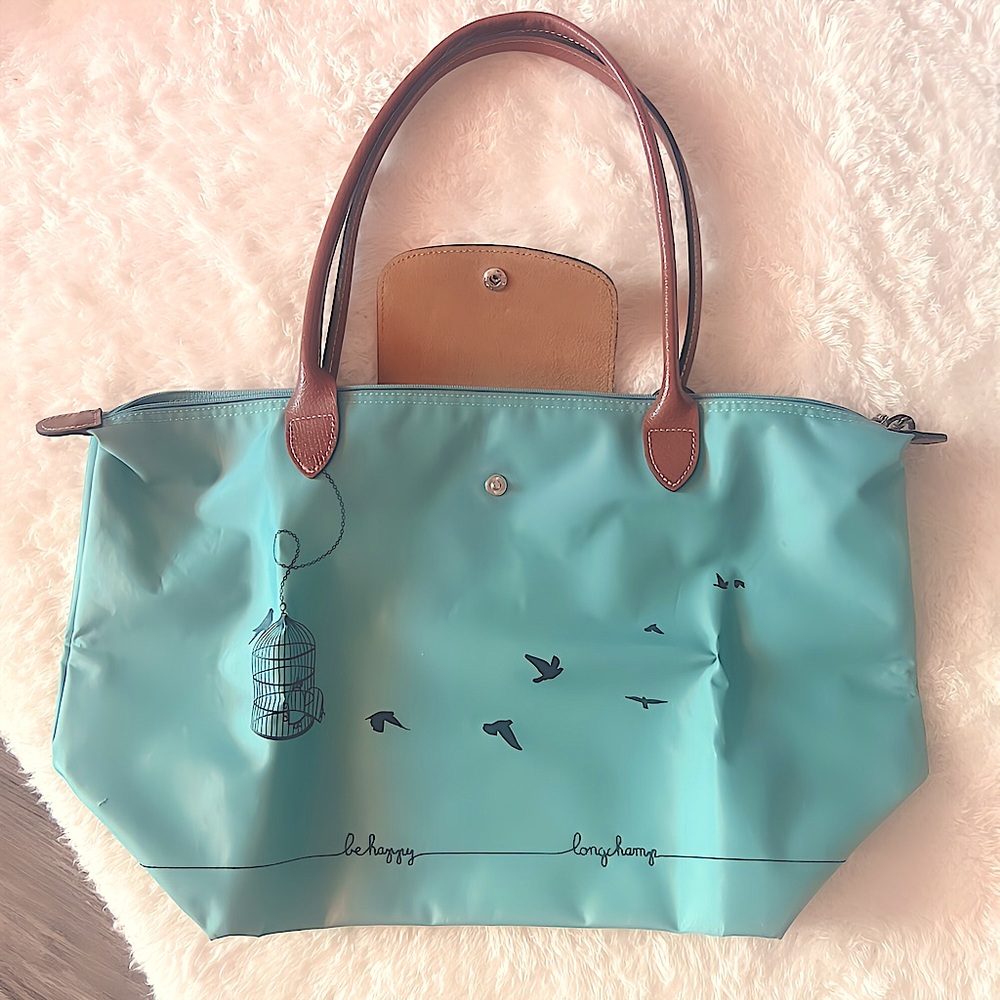 RARE Limited Edition Longchamp Le Pliage Medium Tote Teal/Aqua
